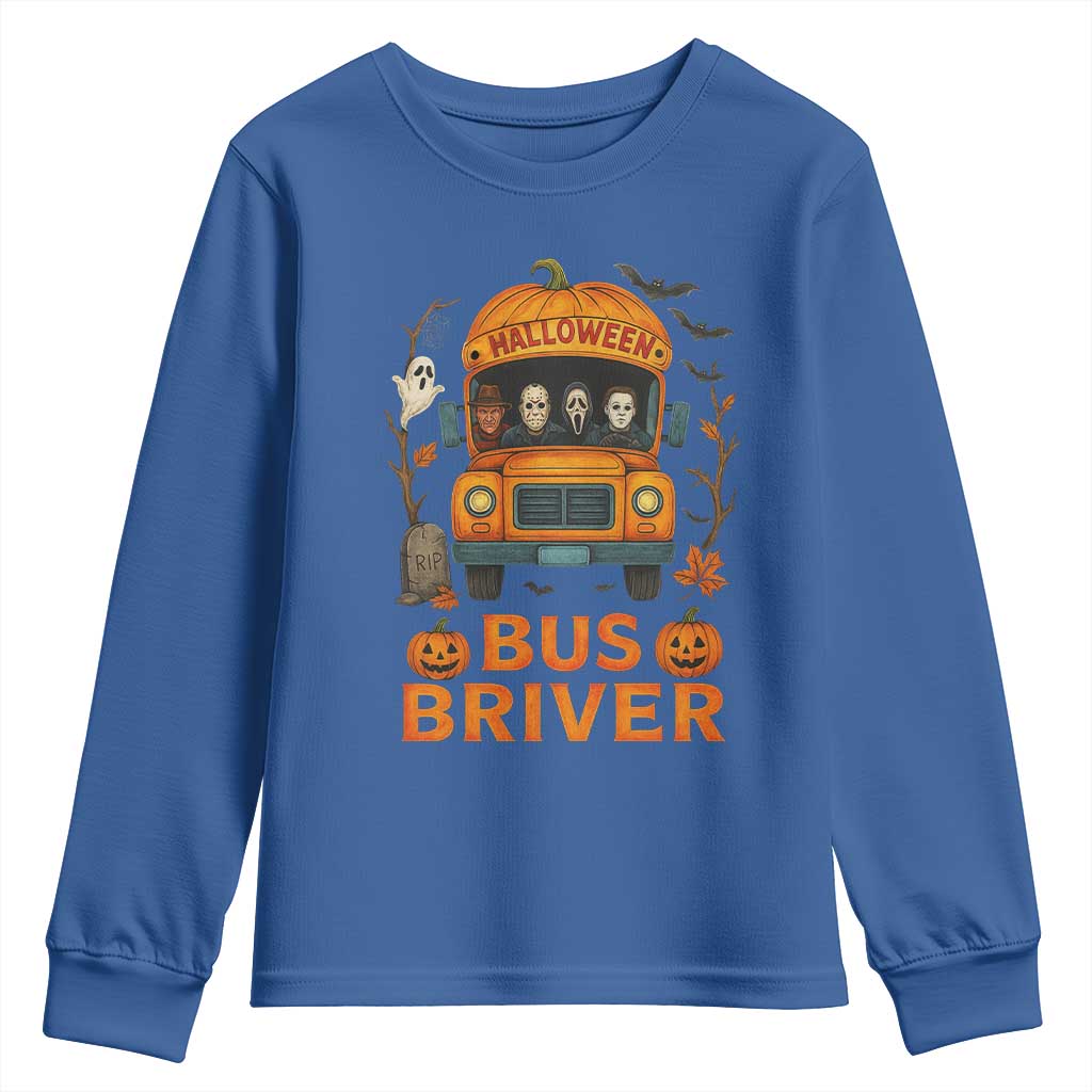 Funny Halloween Bus Driver Youth Sweatshirt Horror Slashers Pumpkin School Bus Spooky Season - Wonder Print Shop