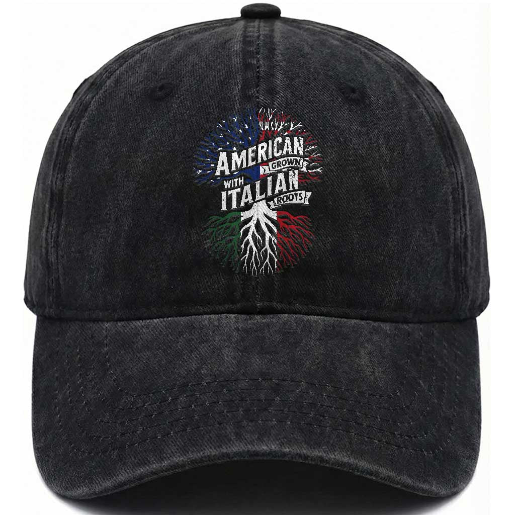 American Grown With Italian Roots Washed Cotton Baseball Cap Family Tree Italy Flag