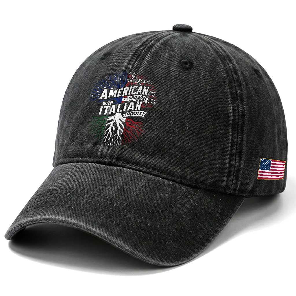 American Grown With Italian Roots Washed Cotton Baseball Cap Family Tree Italy Flag