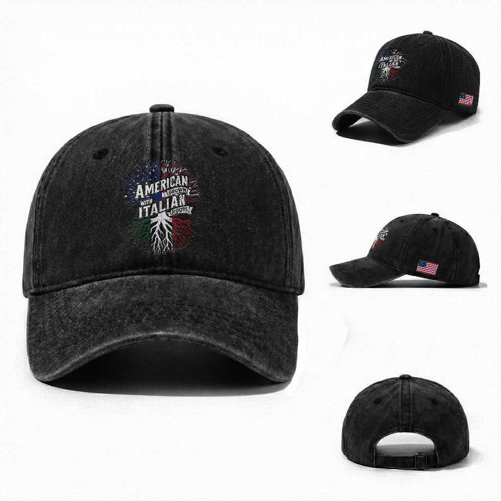 American Grown With Italian Roots Washed Cotton Baseball Cap Family Tree Italy Flag