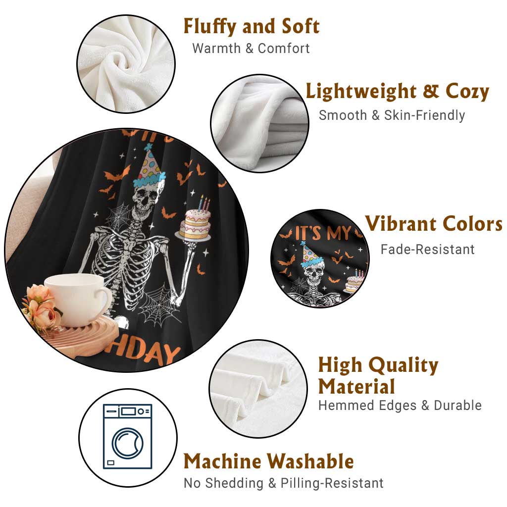 Funny Halloween Birthday Throw Blanket Its My Bday Skeleton Cake Party - Wonder Print Shop