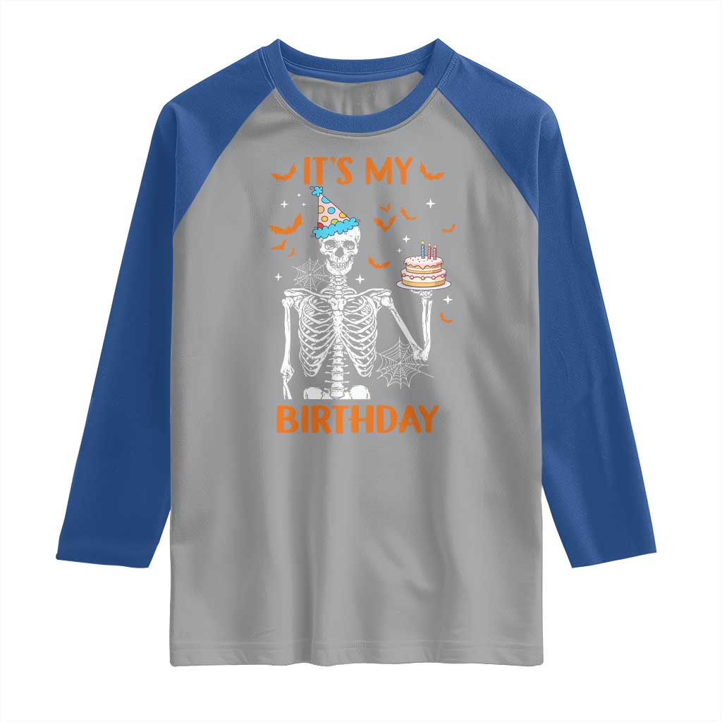 Funny Halloween Birthday Raglan Shirt Its My Bday Skeleton Cake Party - Wonder Print Shop