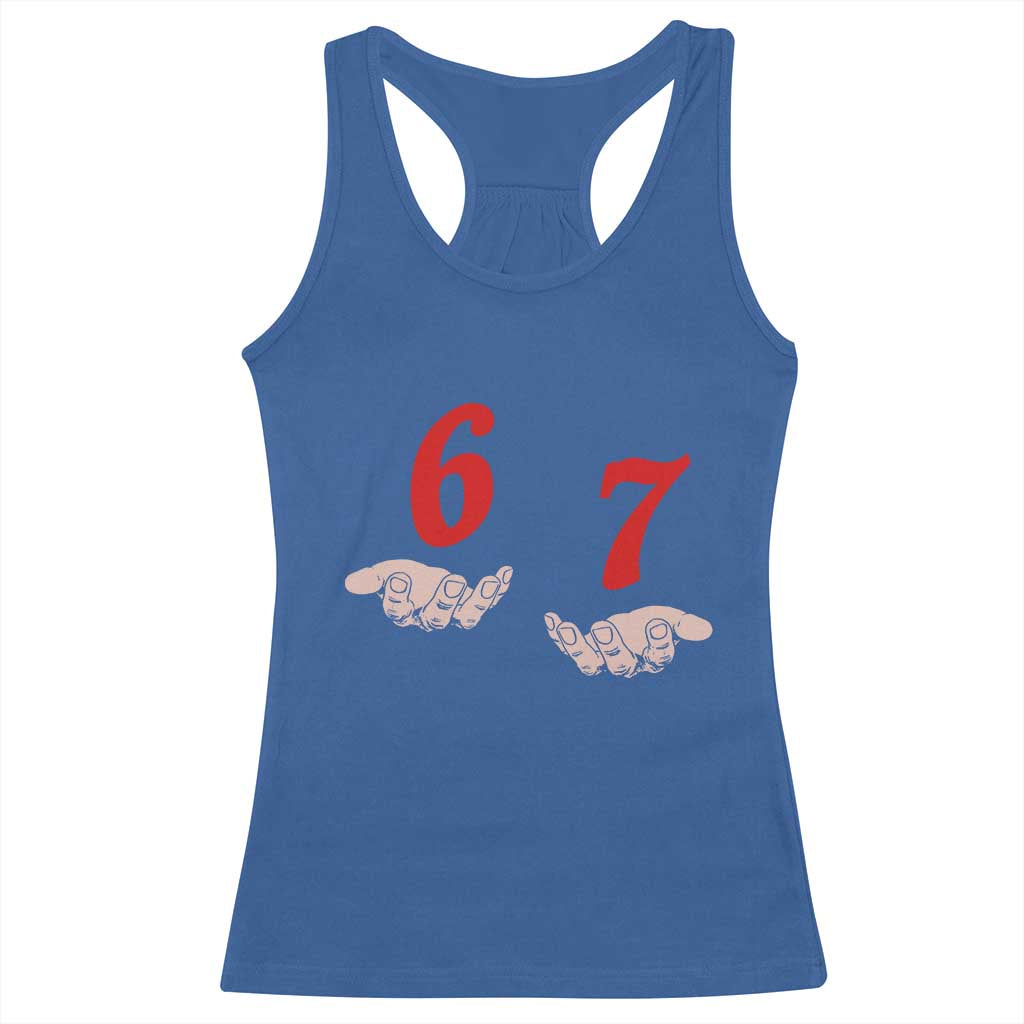 Funny 67 Six Seven Meme Hands Gesture Alpha Slang Racerback Tank Top - Wonder Print Shop