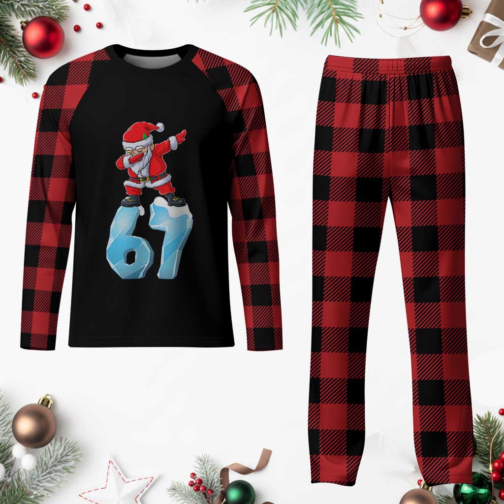 Funny 67 Christmas Plaid Pajama Set Six Seven Dabbing Santa Meme Gen Alpha Slang - Wonder Print Shop