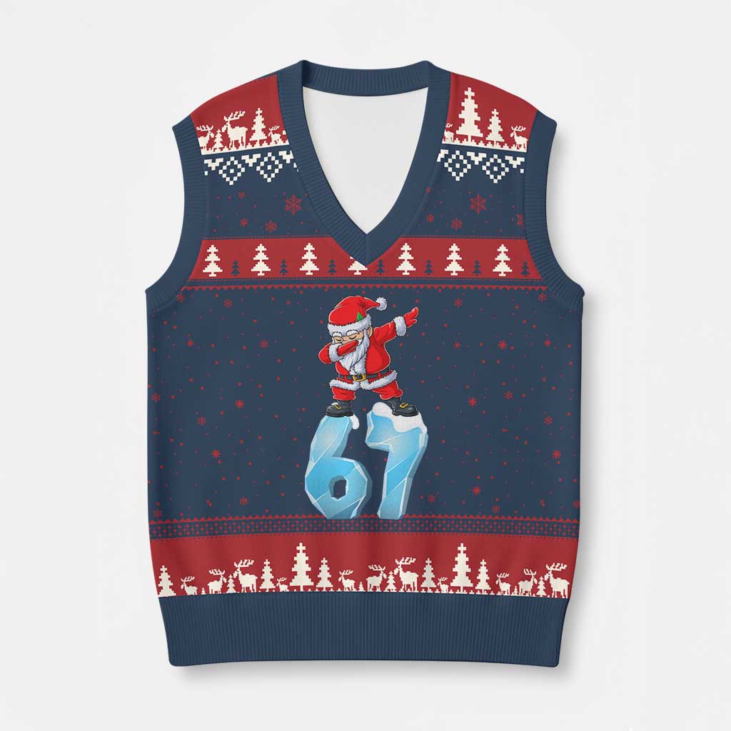 Funny 67 Xmas V-Neck Knit Sweater Vest Six Seven Dabbing Santa Meme Gen Alpha Slang - Wonder Print Shop