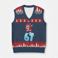 Funny 67 Xmas V-Neck Knit Sweater Vest Six Seven Dabbing Santa Meme Gen Alpha Slang - Wonder Print Shop