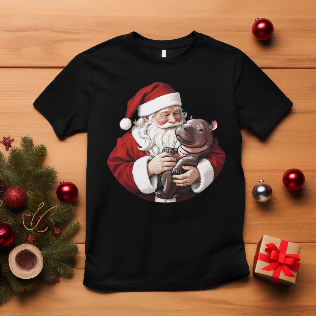 Funny Moo Deng Christmas T Shirt Santa Cute Hippo Zoo Meme Baby Pygmy - Wonder Print Shop