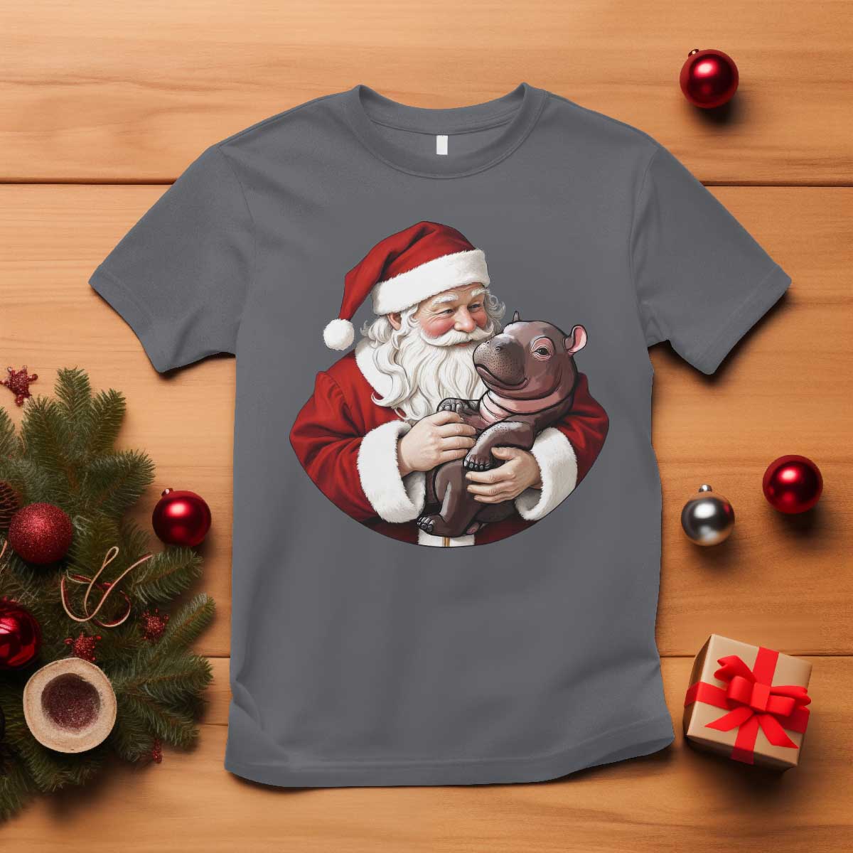Funny Moo Deng Christmas T Shirt Santa Cute Hippo Zoo Meme Baby Pygmy - Wonder Print Shop
