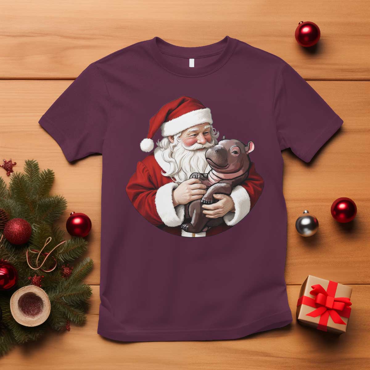 Funny Moo Deng Christmas T Shirt Santa Cute Hippo Zoo Meme Baby Pygmy - Wonder Print Shop
