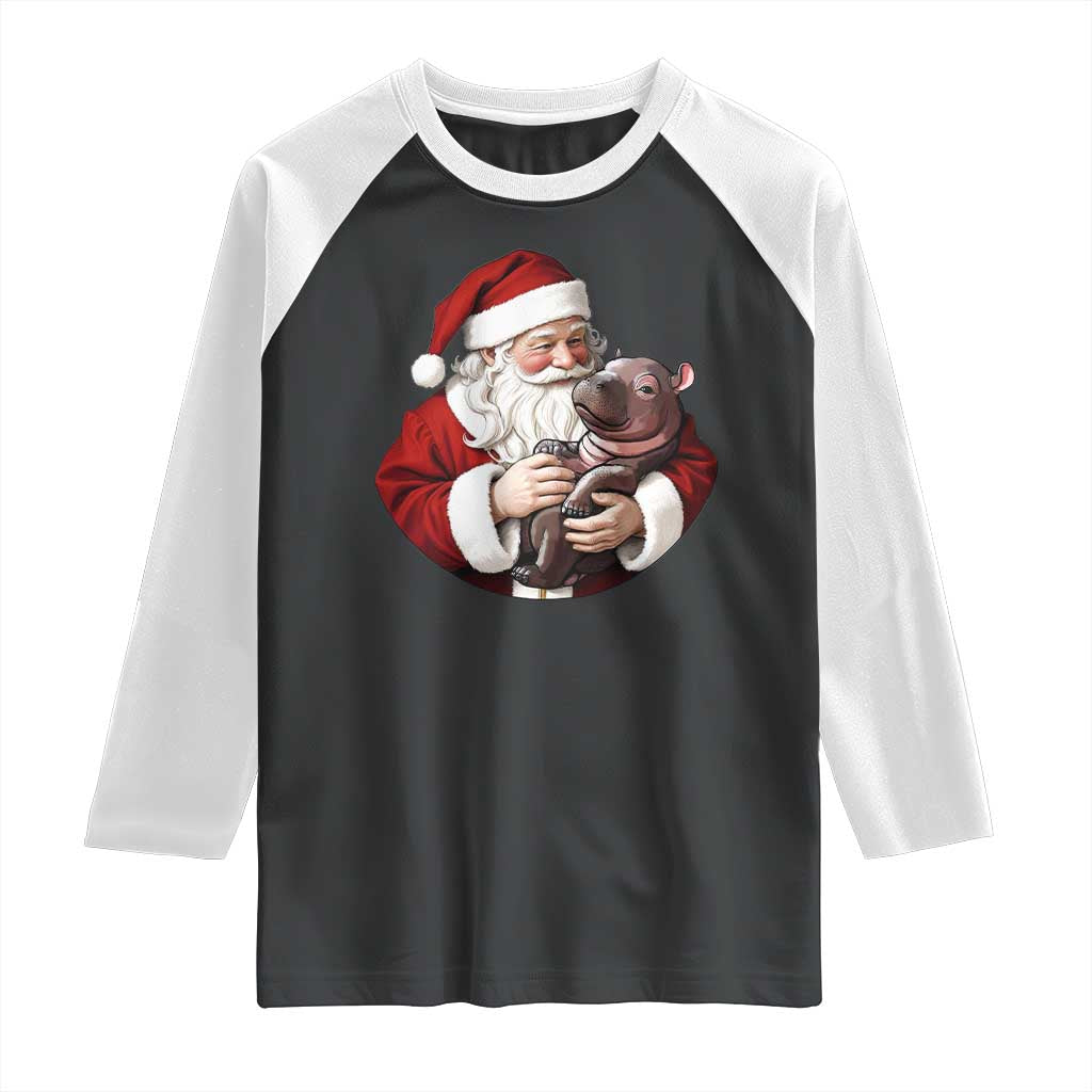 Funny Moo Deng Christmas Raglan Shirt Santa Cute Hippo Zoo Meme Baby Pygmy - Wonder Print Shop