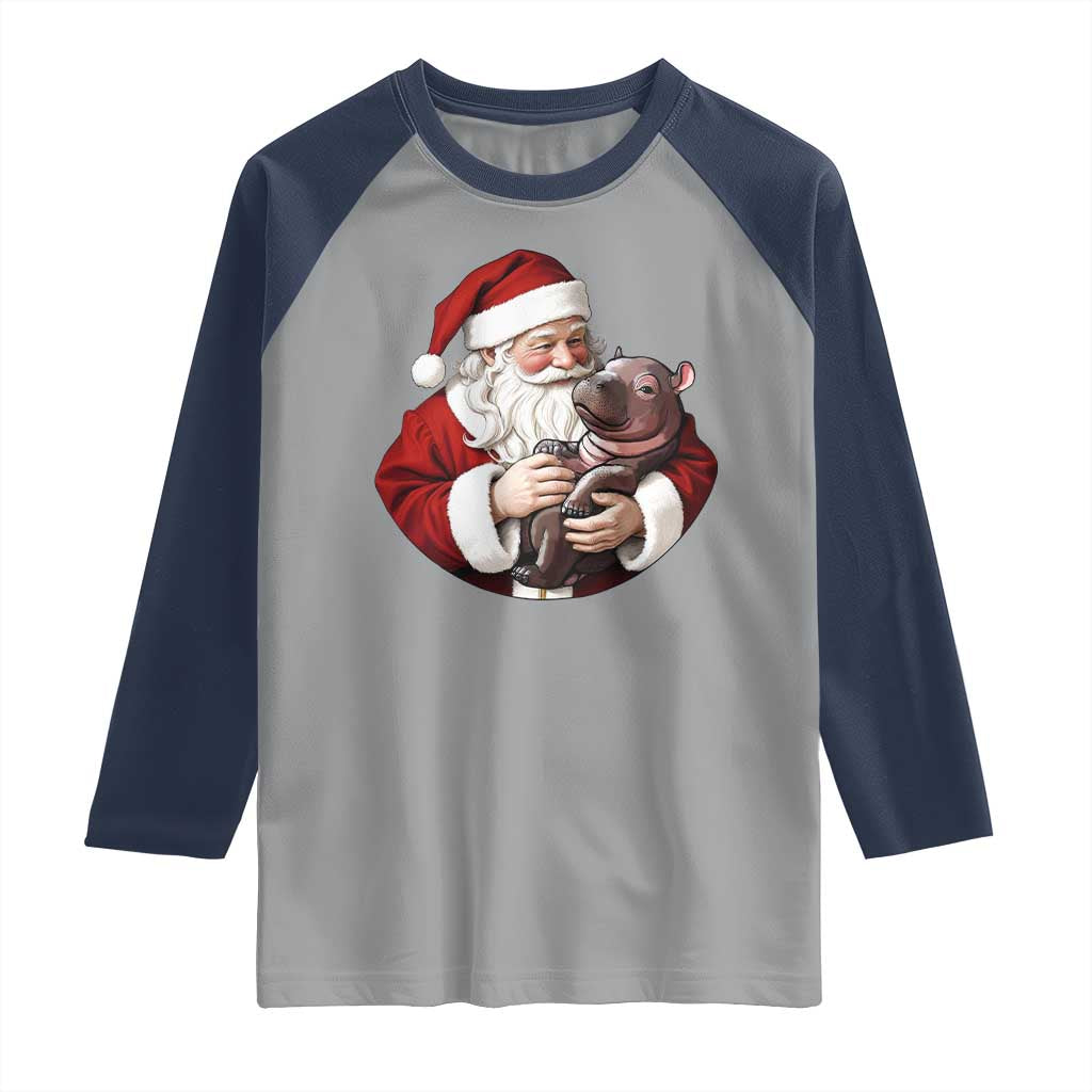 Funny Moo Deng Christmas Raglan Shirt Santa Cute Hippo Zoo Meme Baby Pygmy - Wonder Print Shop