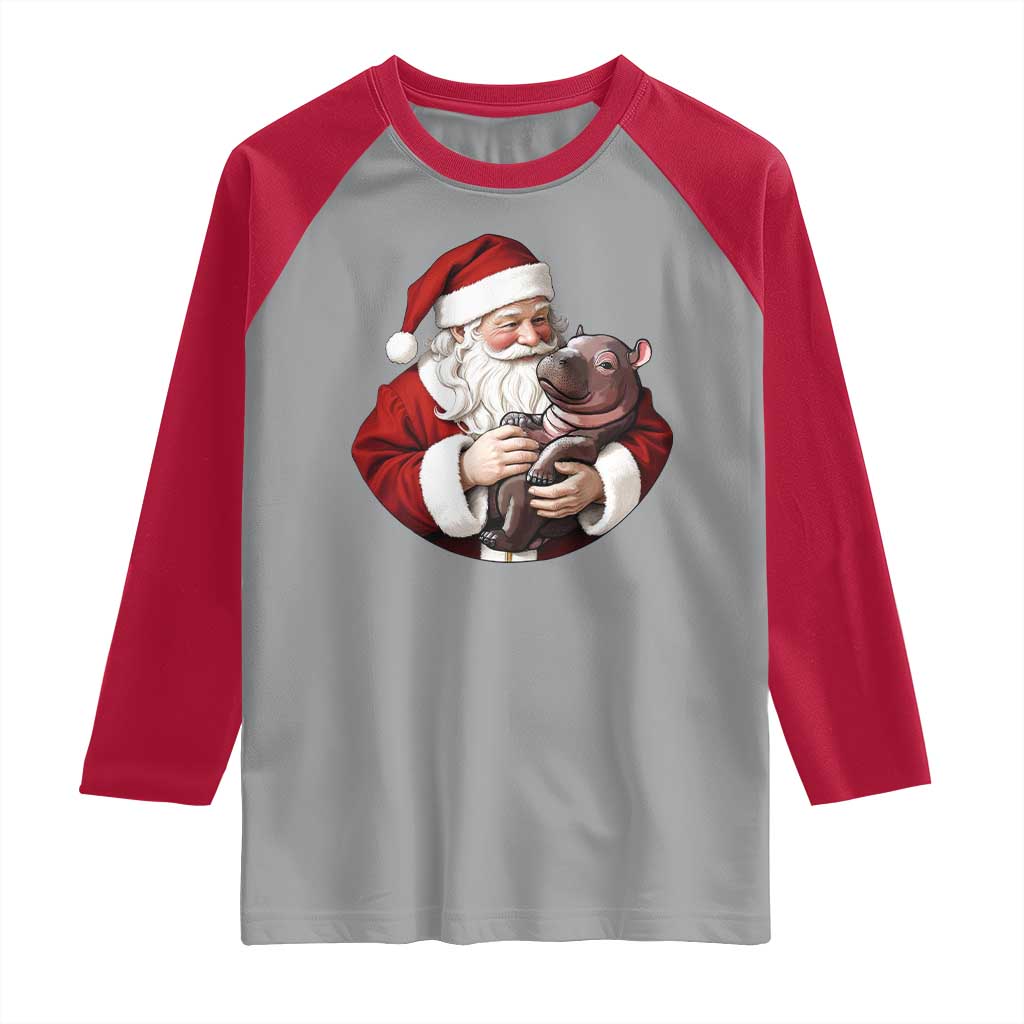 Funny Moo Deng Christmas Raglan Shirt Santa Cute Hippo Zoo Meme Baby Pygmy - Wonder Print Shop