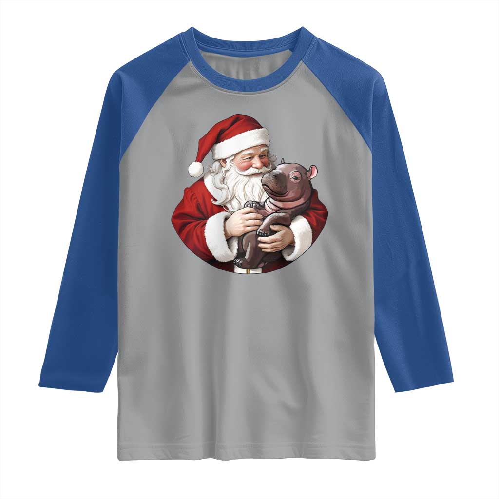 Funny Moo Deng Christmas Raglan Shirt Santa Cute Hippo Zoo Meme Baby Pygmy - Wonder Print Shop