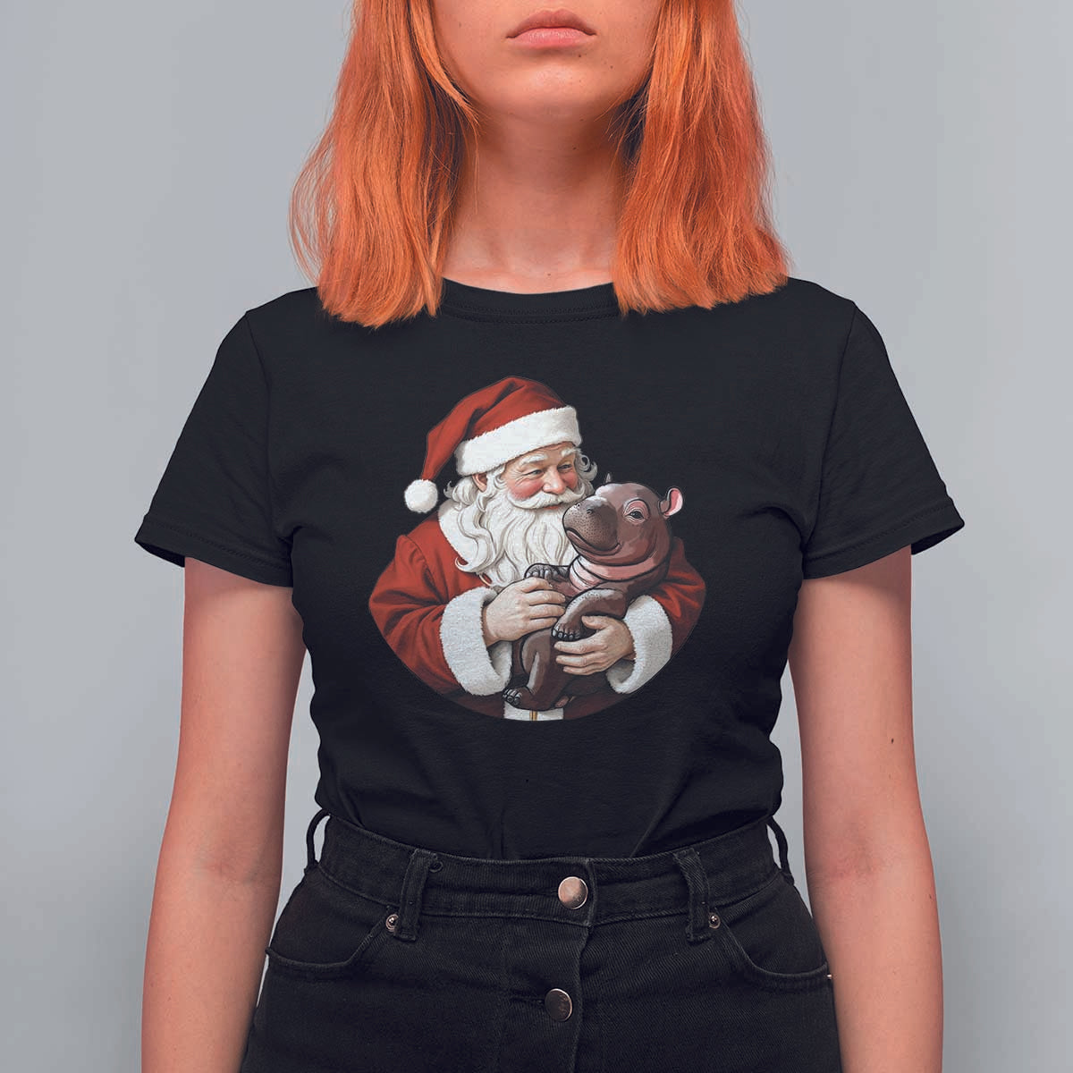 Funny Moo Deng Christmas T Shirt For Women Santa Cute Hippo Zoo Meme Baby Pygmy - Wonder Print Shop