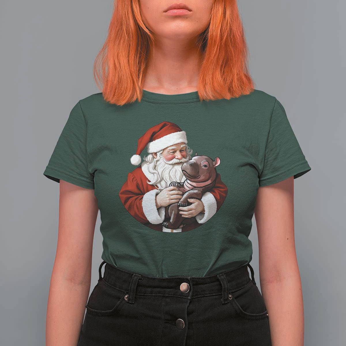 Funny Moo Deng Christmas T Shirt For Women Santa Cute Hippo Zoo Meme Baby Pygmy - Wonder Print Shop