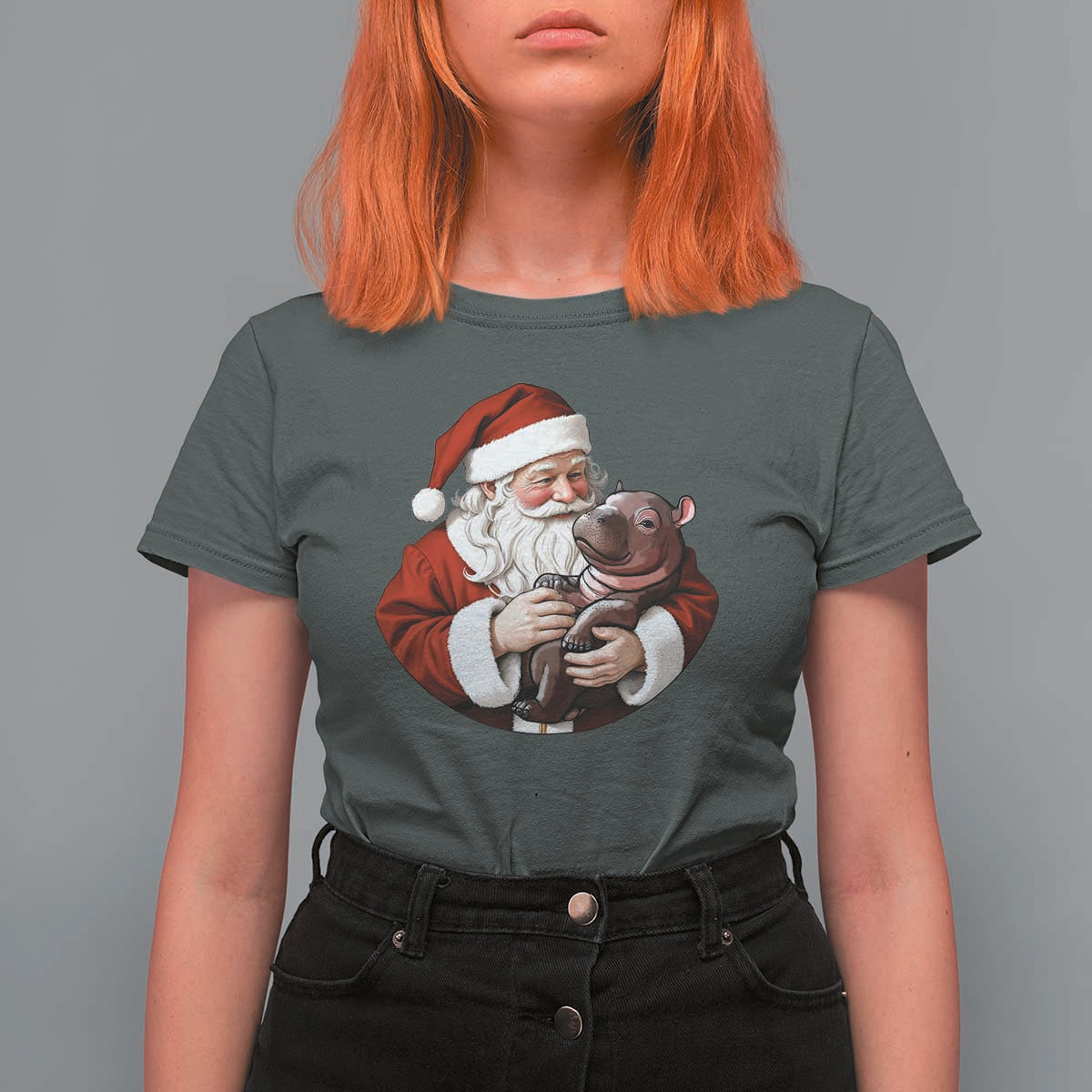 Funny Moo Deng Christmas T Shirt For Women Santa Cute Hippo Zoo Meme Baby Pygmy - Wonder Print Shop