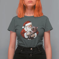 Funny Moo Deng Christmas T Shirt For Women Santa Cute Hippo Zoo Meme Baby Pygmy - Wonder Print Shop