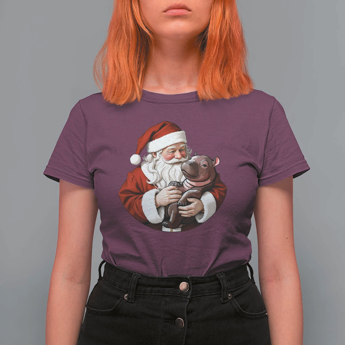 Funny Moo Deng Christmas T Shirt For Women Santa Cute Hippo Zoo Meme Baby Pygmy - Wonder Print Shop