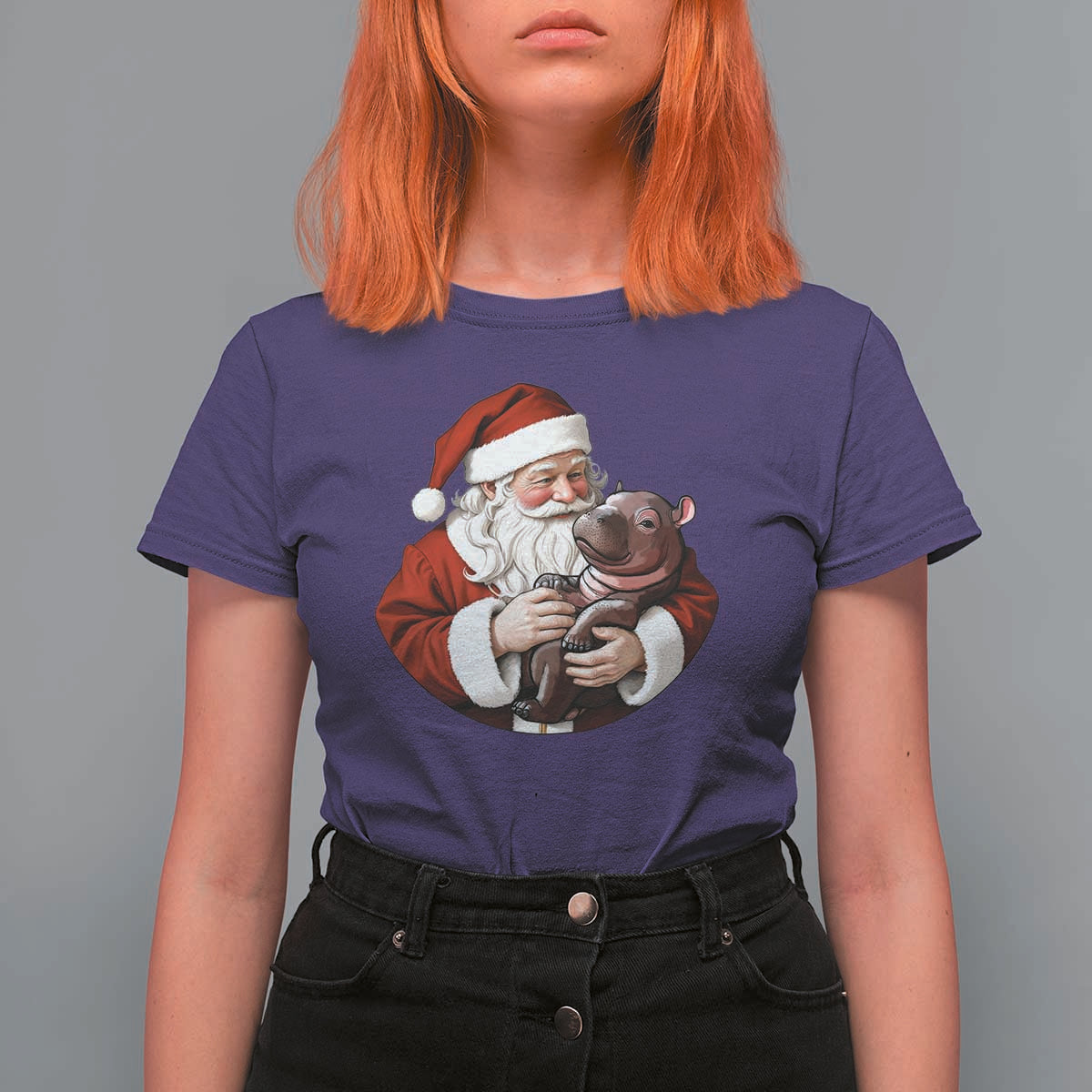 Funny Moo Deng Christmas T Shirt For Women Santa Cute Hippo Zoo Meme Baby Pygmy - Wonder Print Shop