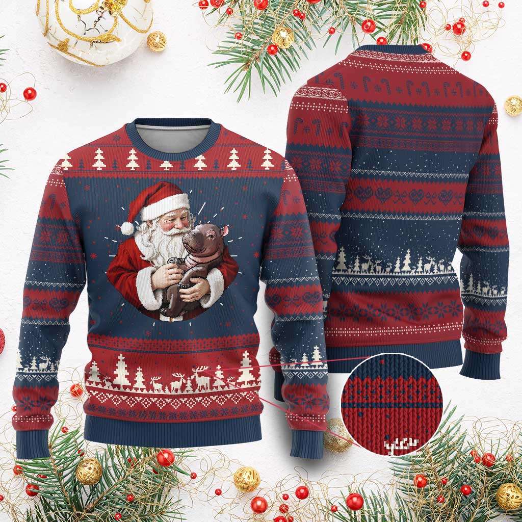 Funny Moo Deng Xmas Ugly Christmas Sweater Santa Cute Hippo Zoo Meme Baby Pygmy - Wonder Print Shop