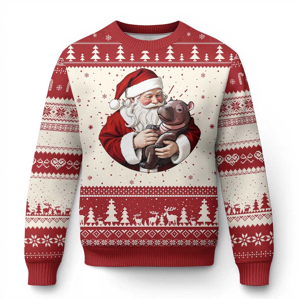 Funny Moo Deng Xmas Ugly Christmas Sweater Santa Cute Hippo Zoo Meme Baby Pygmy - Wonder Print Shop