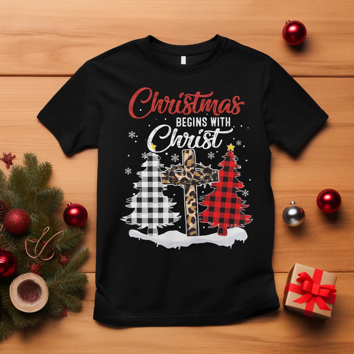 Christmas Begins With Christ T Shirt Leopard Cross Plaid Xmas Tree - Wonder Print Shop