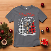 Christmas Begins With Christ T Shirt Leopard Cross Plaid Xmas Tree - Wonder Print Shop