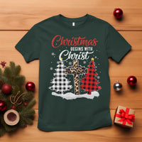 Christmas Begins With Christ T Shirt Leopard Cross Plaid Xmas Tree - Wonder Print Shop