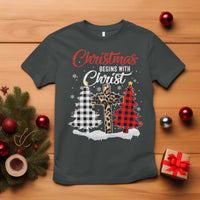 Christmas Begins With Christ T Shirt Leopard Cross Plaid Xmas Tree - Wonder Print Shop
