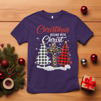 Christmas Begins With Christ T Shirt Leopard Cross Plaid Xmas Tree - Wonder Print Shop