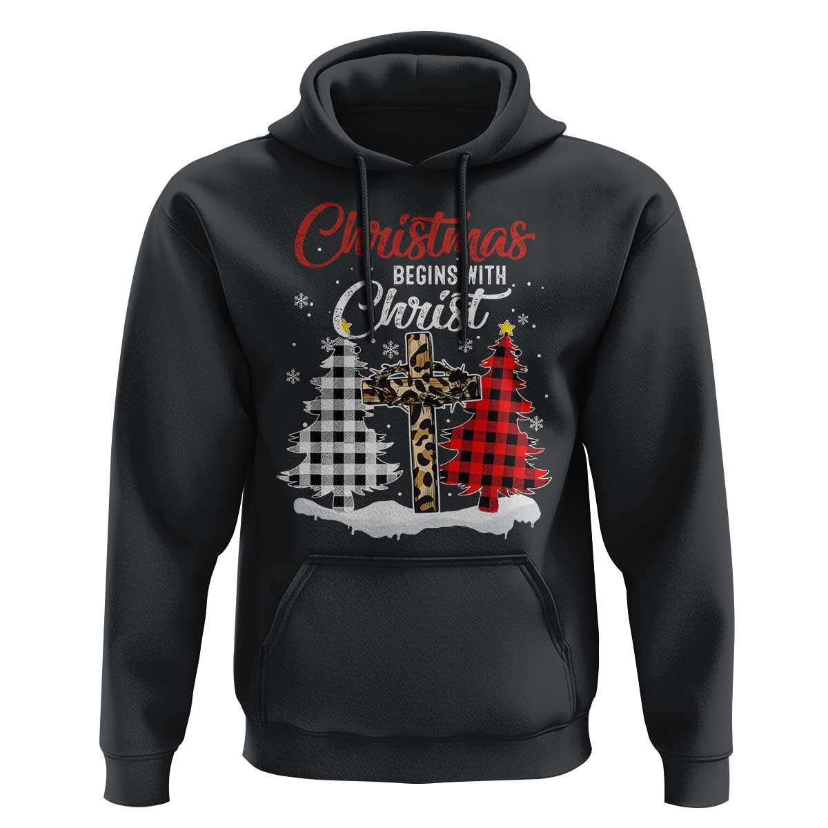 Christmas Begins With Christ Hoodie Leopard Cross Plaid Xmas Tree