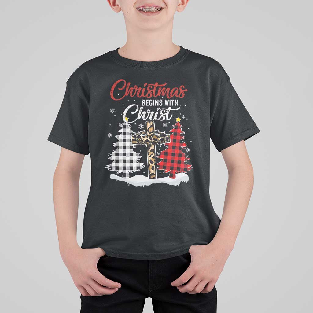 Christmas Begins With Christ T Shirt For Kid Leopard Cross Plaid Xmas Tree - Wonder Print Shop