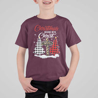 Christmas Begins With Christ T Shirt For Kid Leopard Cross Plaid Xmas Tree - Wonder Print Shop