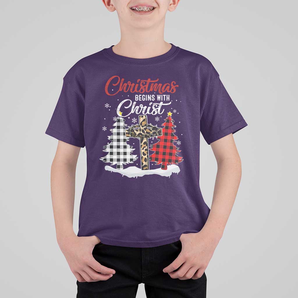 Christmas Begins With Christ T Shirt For Kid Leopard Cross Plaid Xmas Tree - Wonder Print Shop