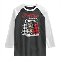 Christmas Begins With Christ Raglan Shirt Leopard Cross Plaid Xmas Tree - Wonder Print Shop