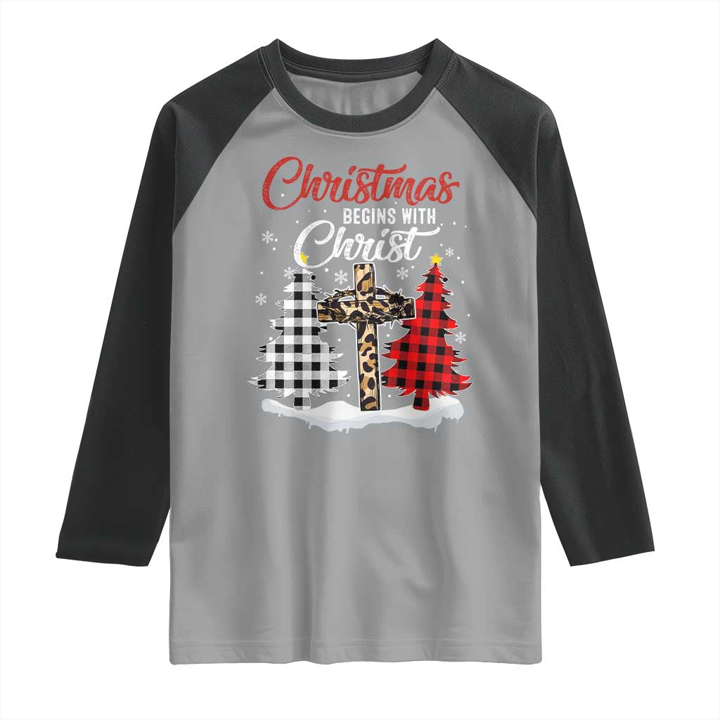 Christmas Begins With Christ Raglan Shirt Leopard Cross Plaid Xmas Tree - Wonder Print Shop