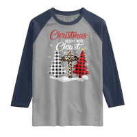 Christmas Begins With Christ Raglan Shirt Leopard Cross Plaid Xmas Tree - Wonder Print Shop