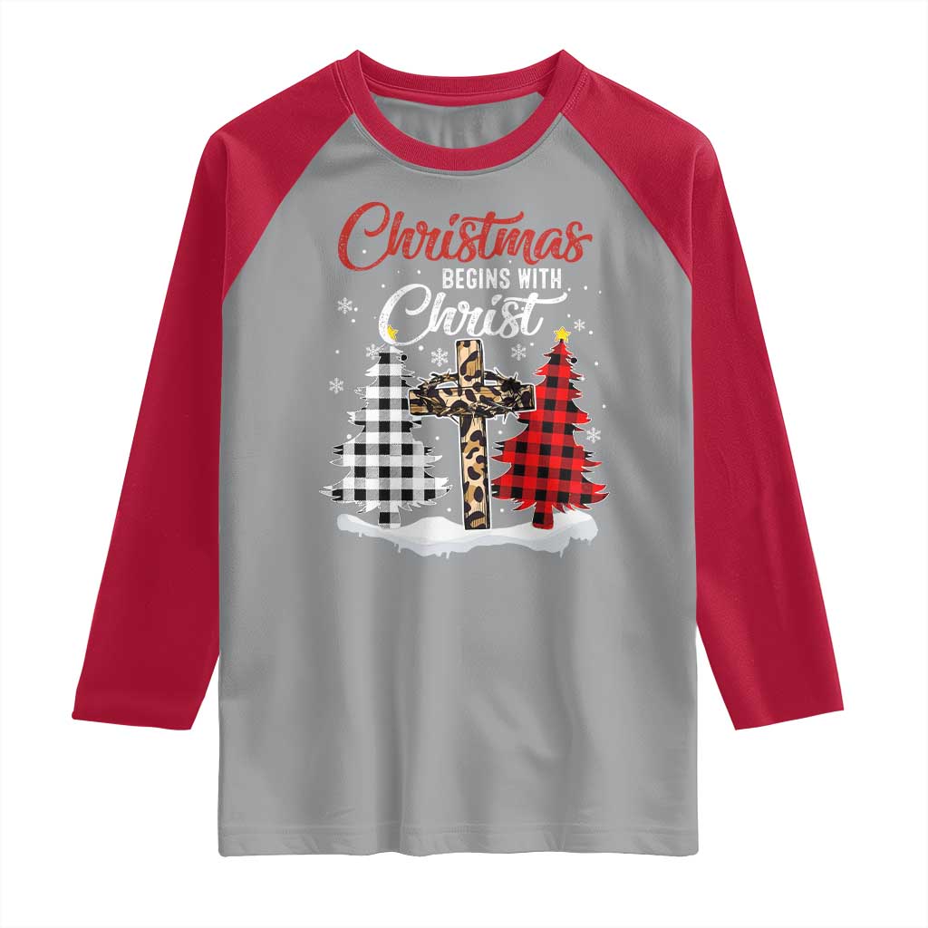 Christmas Begins With Christ Raglan Shirt Leopard Cross Plaid Xmas Tree - Wonder Print Shop