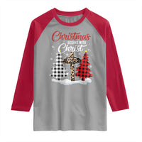Christmas Begins With Christ Raglan Shirt Leopard Cross Plaid Xmas Tree - Wonder Print Shop