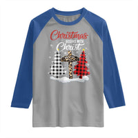 Christmas Begins With Christ Raglan Shirt Leopard Cross Plaid Xmas Tree - Wonder Print Shop