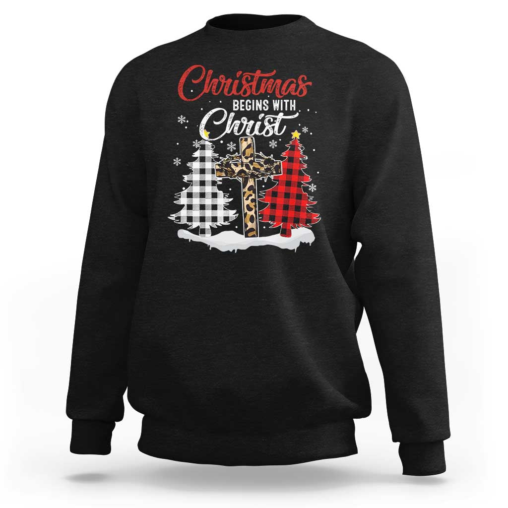 Christmas Begins With Christ Sweatshirt Leopard Cross Plaid Xmas Tree - Wonder Print Shop