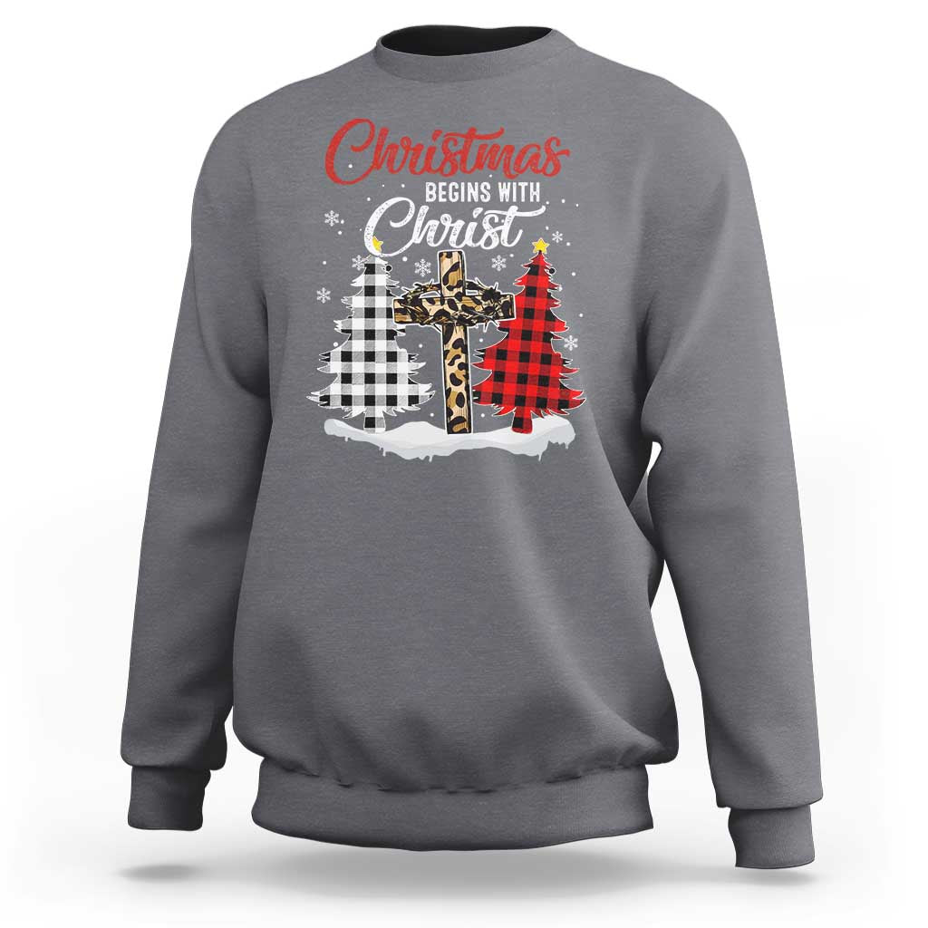 Christmas Begins With Christ Sweatshirt Leopard Cross Plaid Xmas Tree - Wonder Print Shop