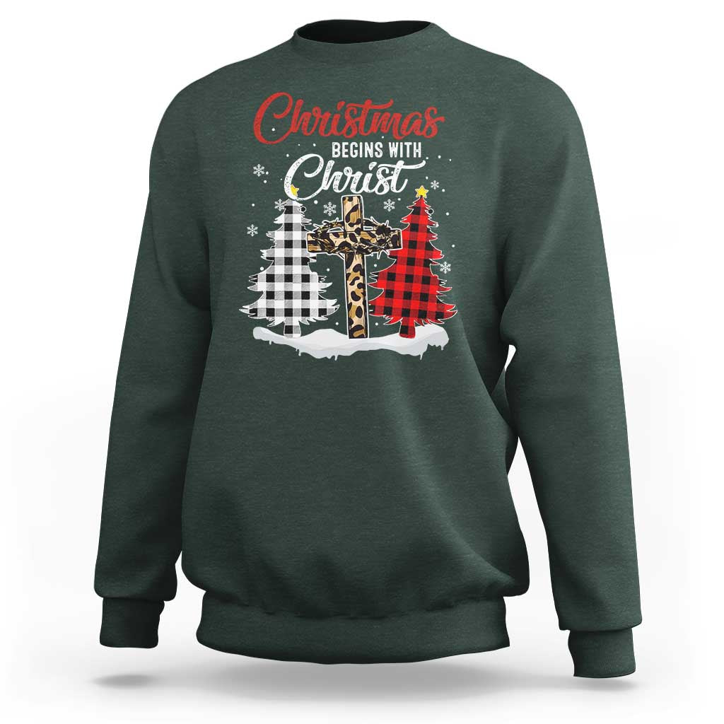 Christmas Begins With Christ Sweatshirt Leopard Cross Plaid Xmas Tree - Wonder Print Shop