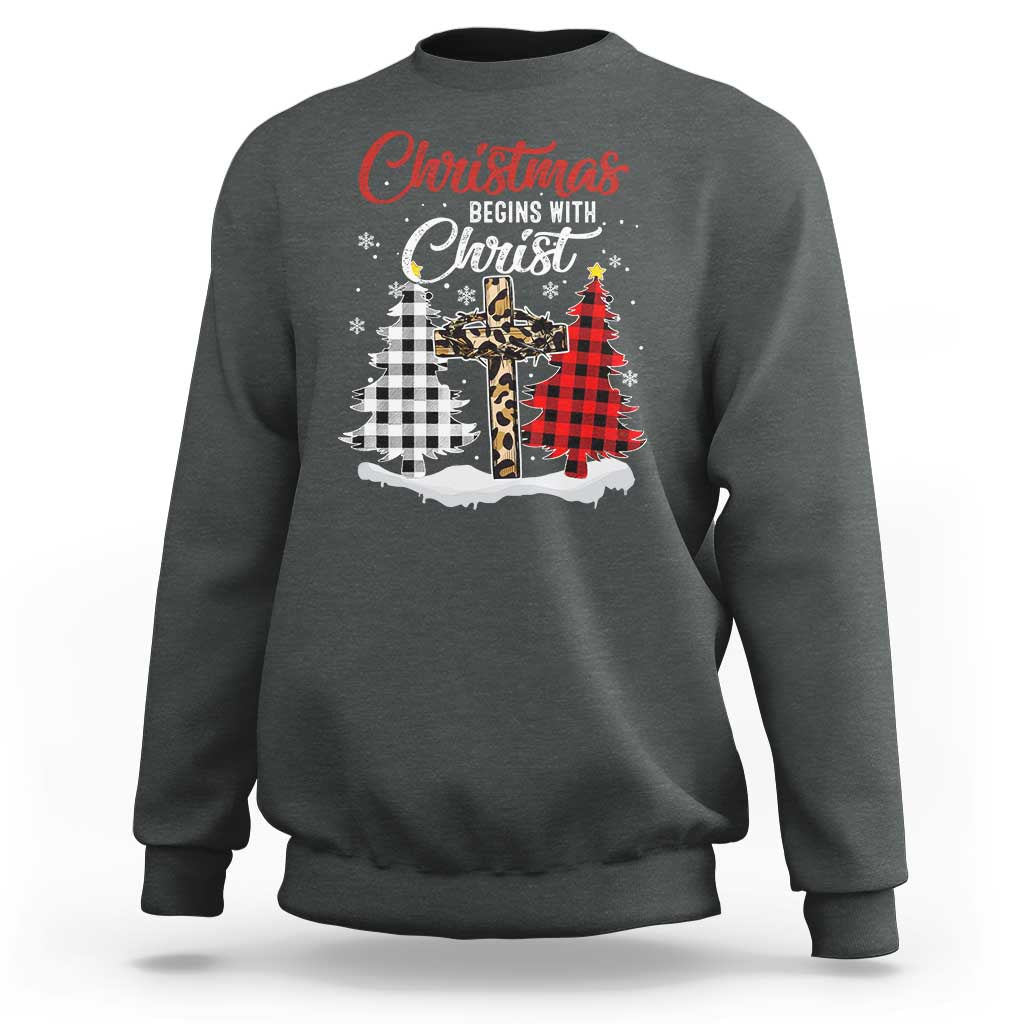 Christmas Begins With Christ Sweatshirt Leopard Cross Plaid Xmas Tree - Wonder Print Shop
