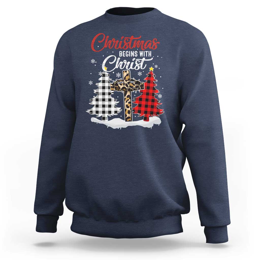 Christmas Begins With Christ Sweatshirt Leopard Cross Plaid Xmas Tree - Wonder Print Shop