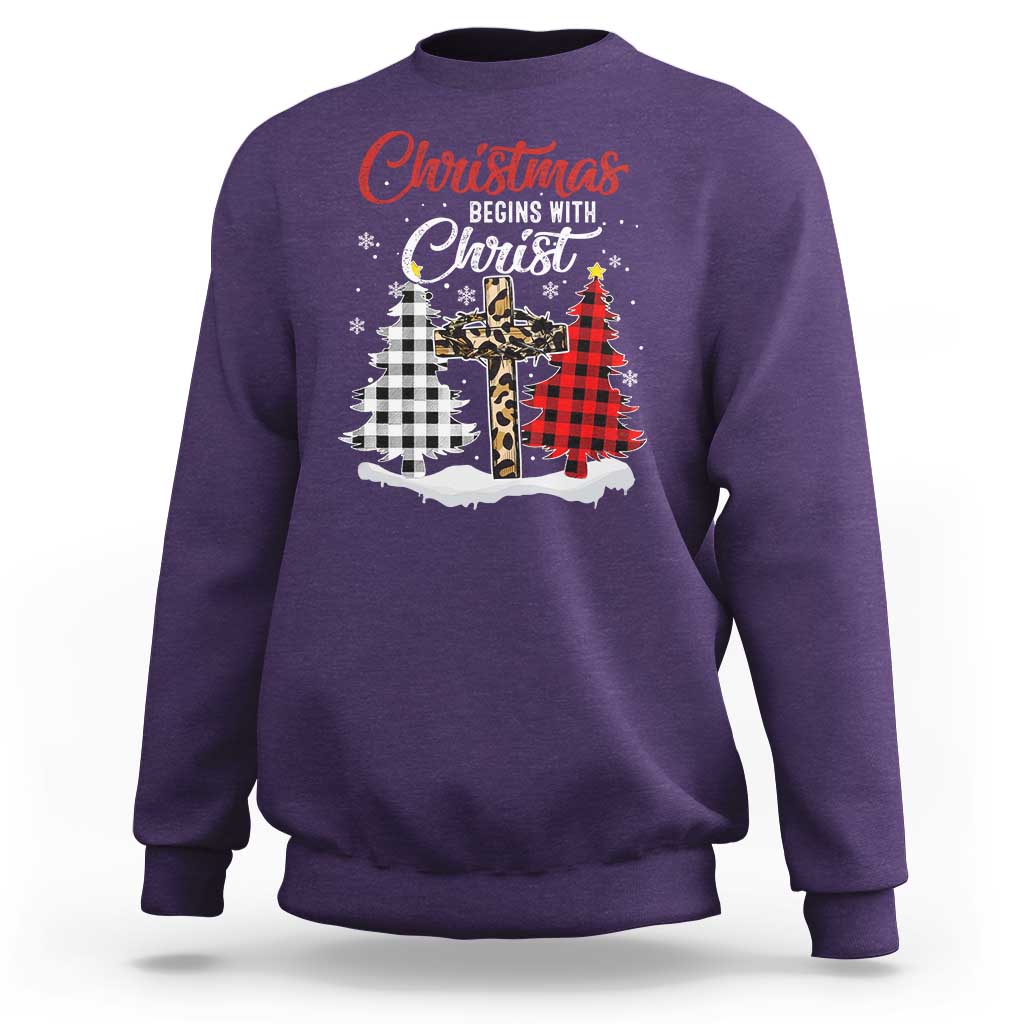 Christmas Begins With Christ Sweatshirt Leopard Cross Plaid Xmas Tree - Wonder Print Shop