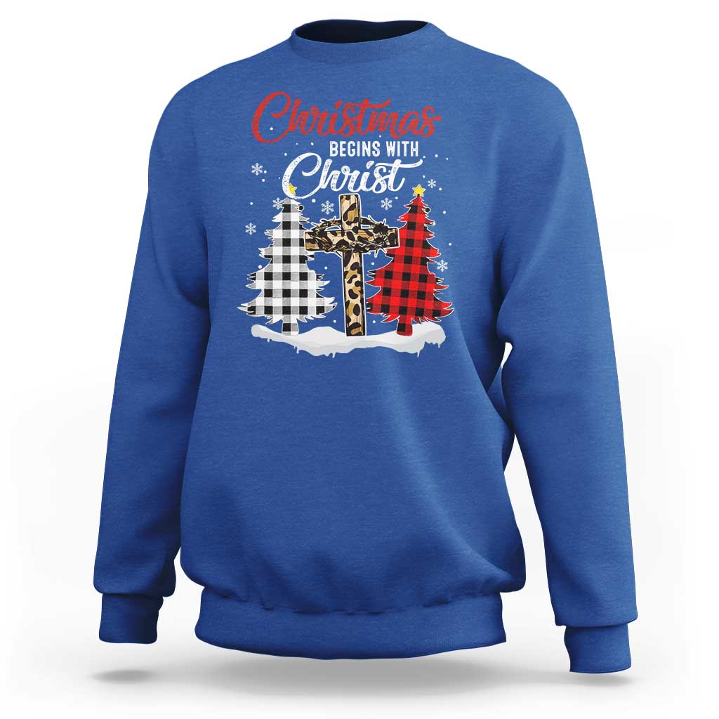 Christmas Begins With Christ Sweatshirt Leopard Cross Plaid Xmas Tree - Wonder Print Shop