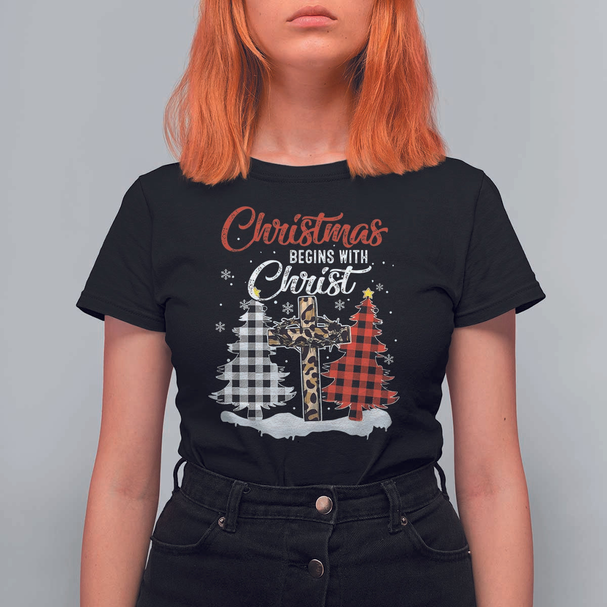 Christmas Begins With Christ T Shirt For Women Leopard Cross Plaid Xmas Tree - Wonder Print Shop