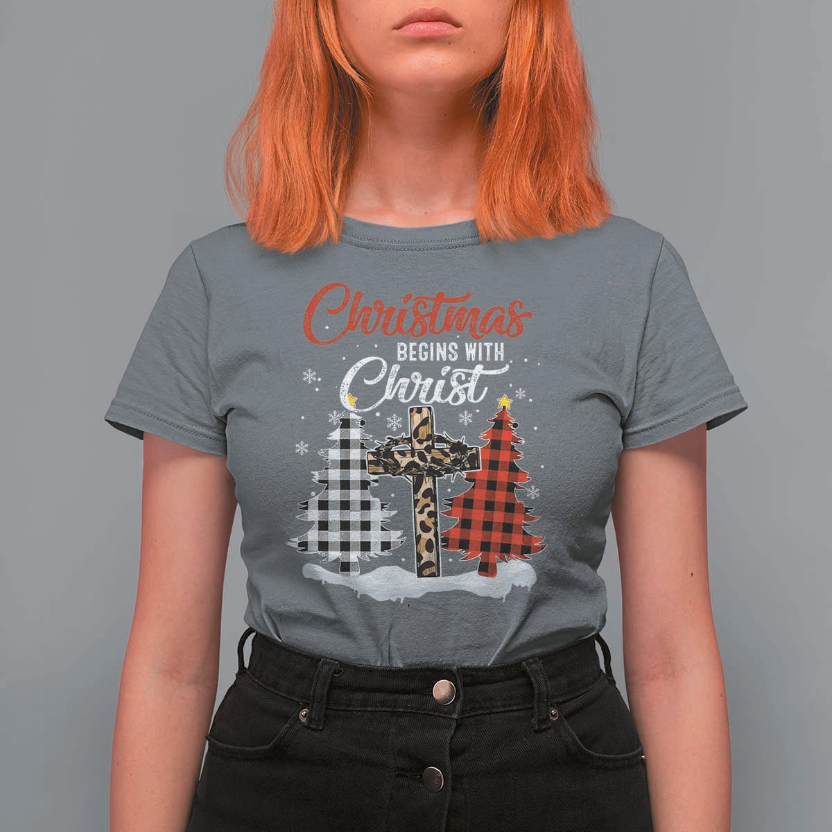 Christmas Begins With Christ T Shirt For Women Leopard Cross Plaid Xmas Tree - Wonder Print Shop