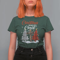 Christmas Begins With Christ T Shirt For Women Leopard Cross Plaid Xmas Tree - Wonder Print Shop